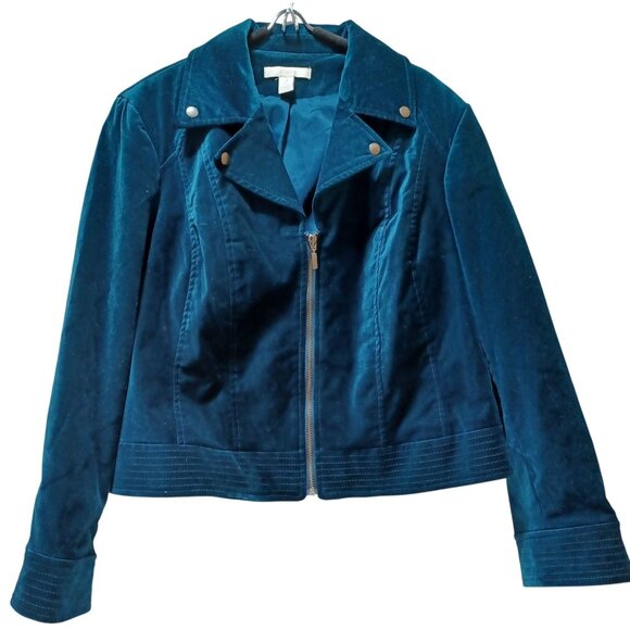 Chico's Jackets & Blazers - Chicos Velveteen Moto Jacket Teal Blue Womens XL Zip Front Glam Holiday Party